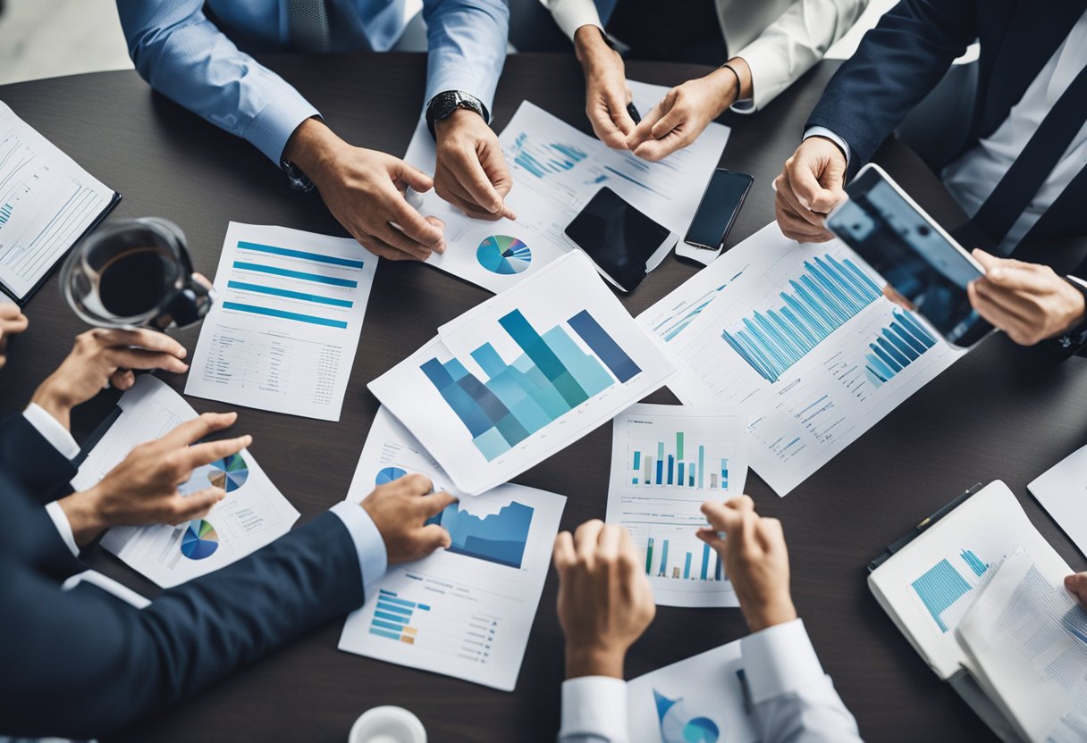 A group of investors gathered around a table, discussing and analyzing investment strategies for technology startups. Charts and graphs are spread out, showing potential growth and opportunities