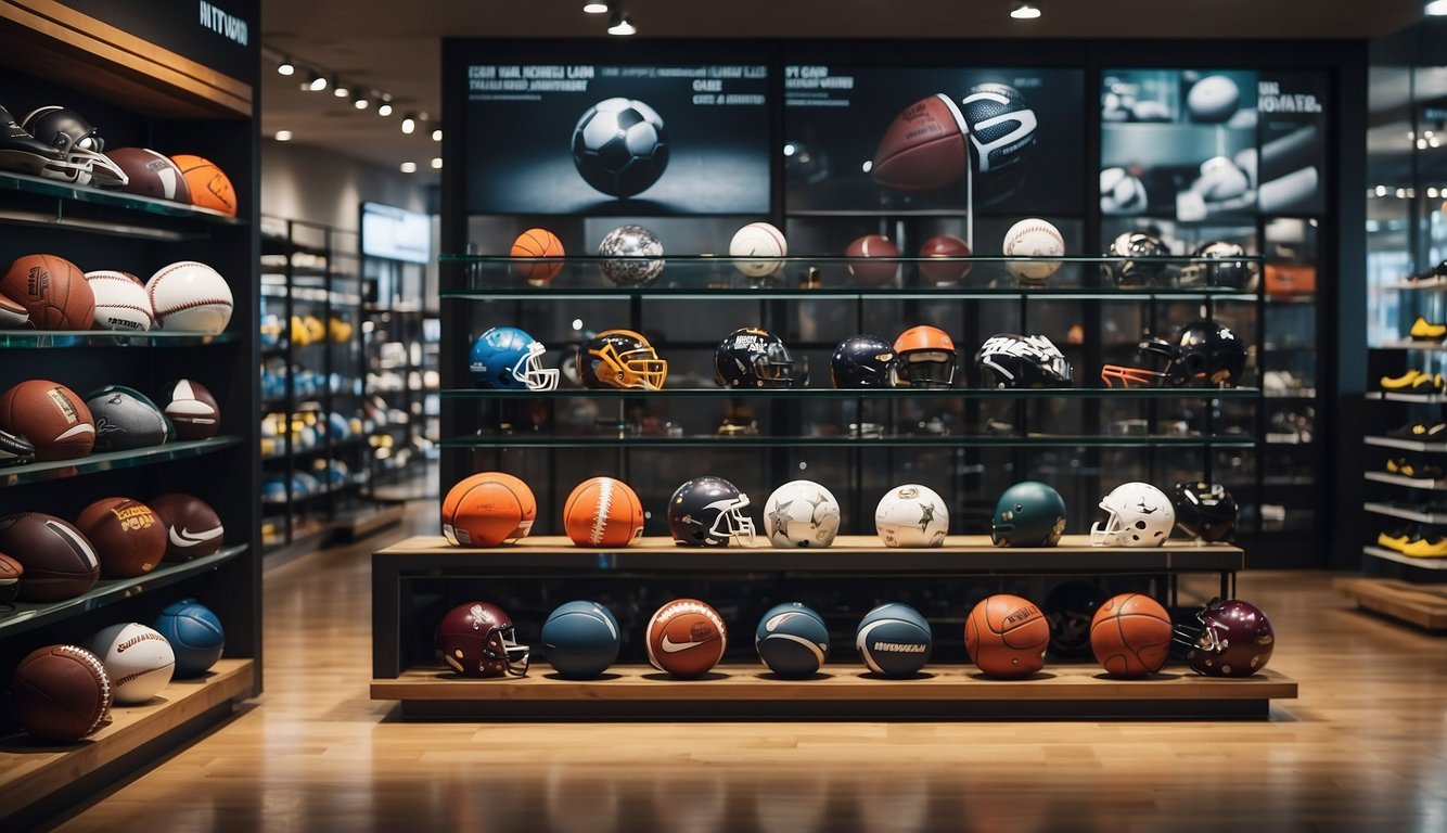 A display of various sports equipment neatly arranged in a well-lit, spacious store with clear signage indicating different categories