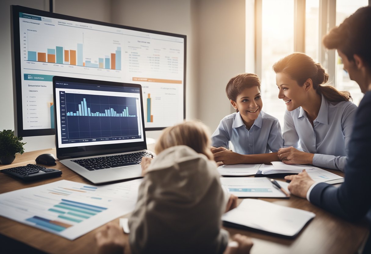 A family sits at a table with financial documents and a laptop, discussing and planning for their children's education. Graphs and charts are spread out, showing projected expenses and savings goals