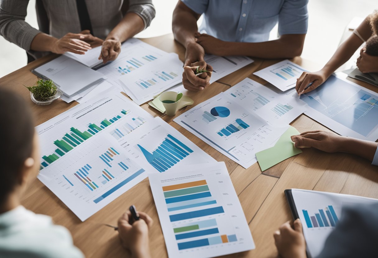 A family sits around a table, discussing and planning for their children's education expenses. Charts and graphs are spread out, showing careful financial planning