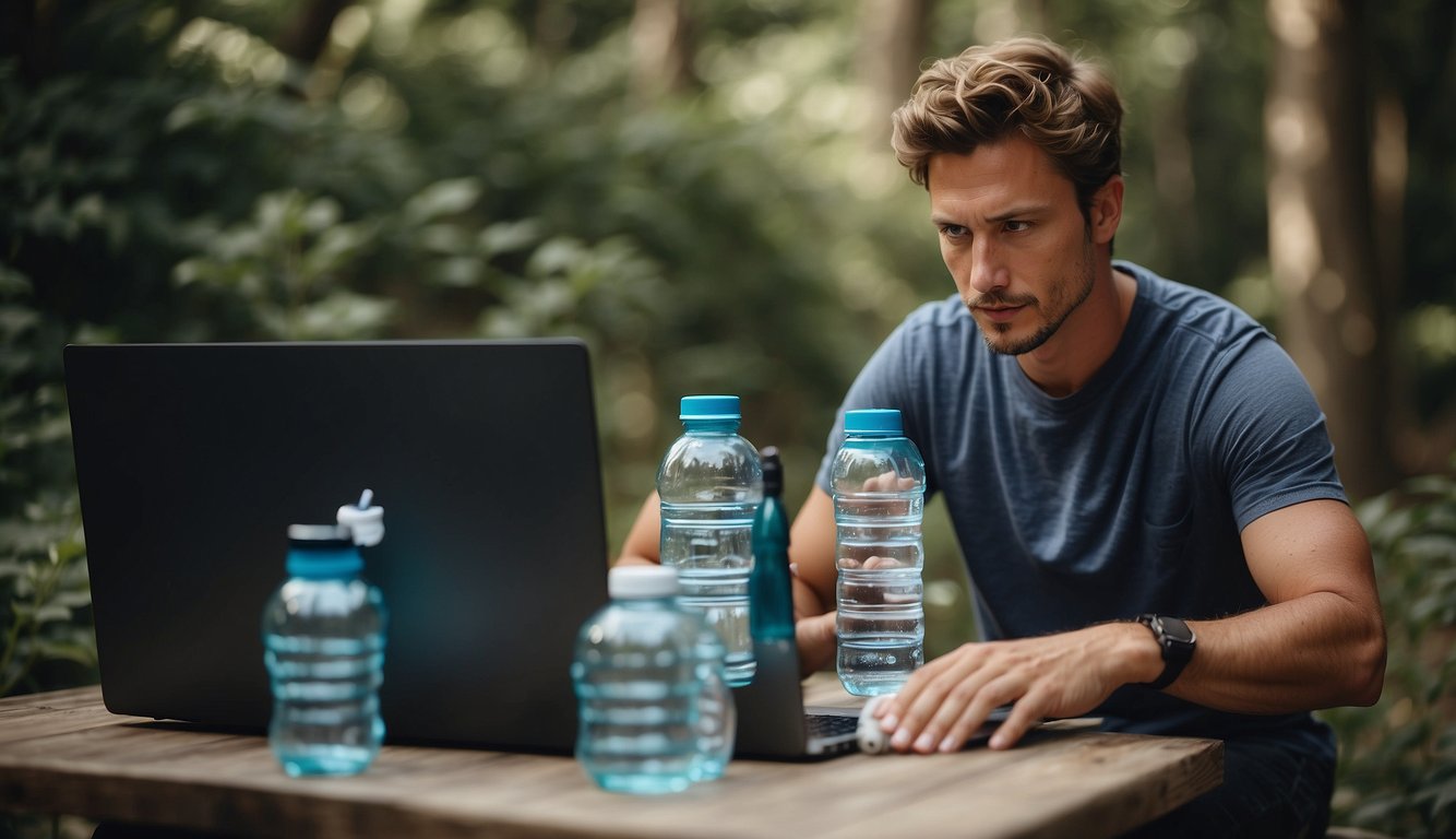 A person browsing through eco-friendly sports gear on a computer, surrounded by reusable water bottles and sustainable packaging