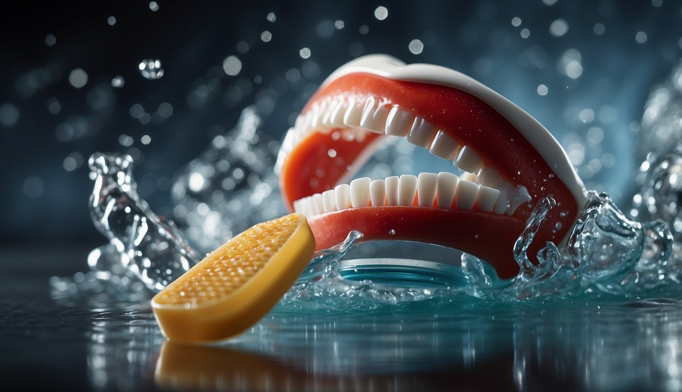 A sports mouthguard is being scrubbed with a toothbrush and rinsed under running water