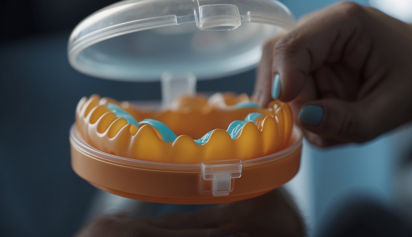 A sports mouth guard is being cleaned and then placed in a designated storage case