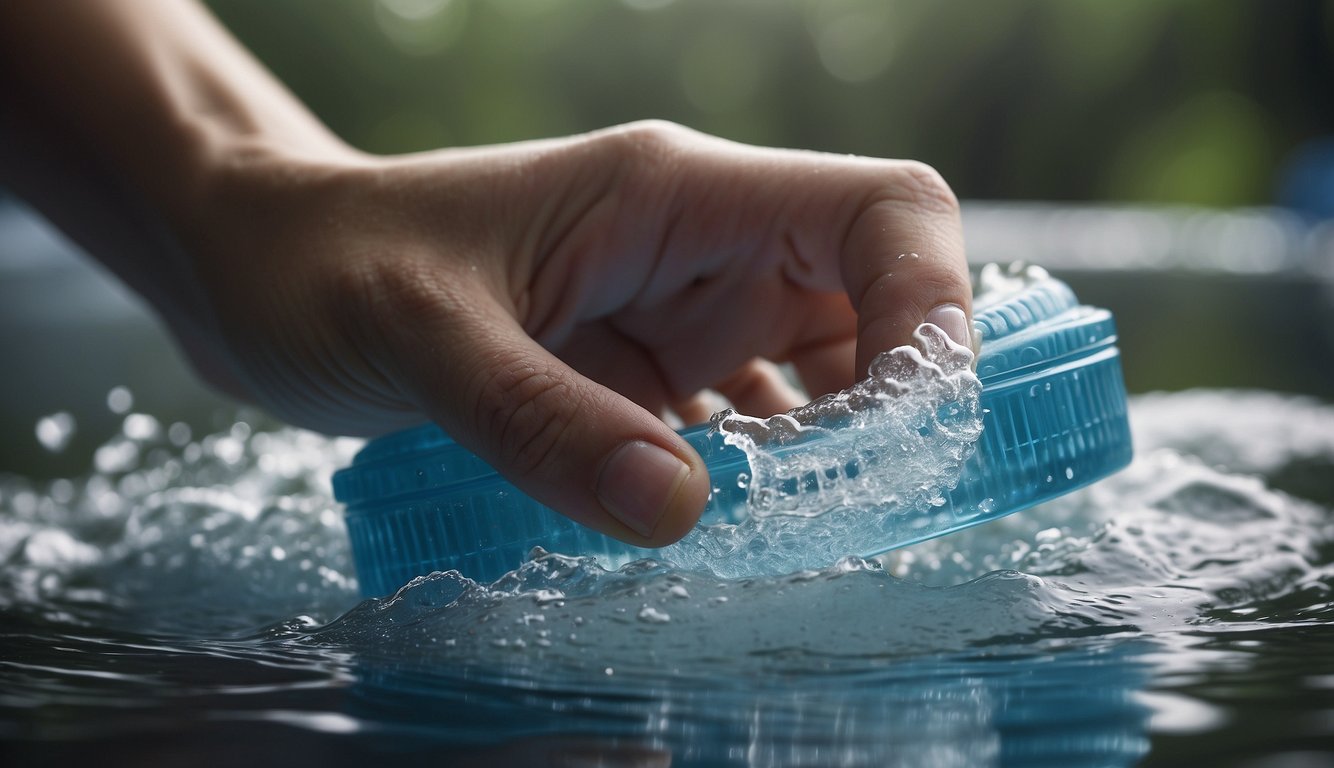 A hand holding a sports mouth guard, scrubbing with a toothbrush and rinsing under running water. Then, placing it in a clean, dry case