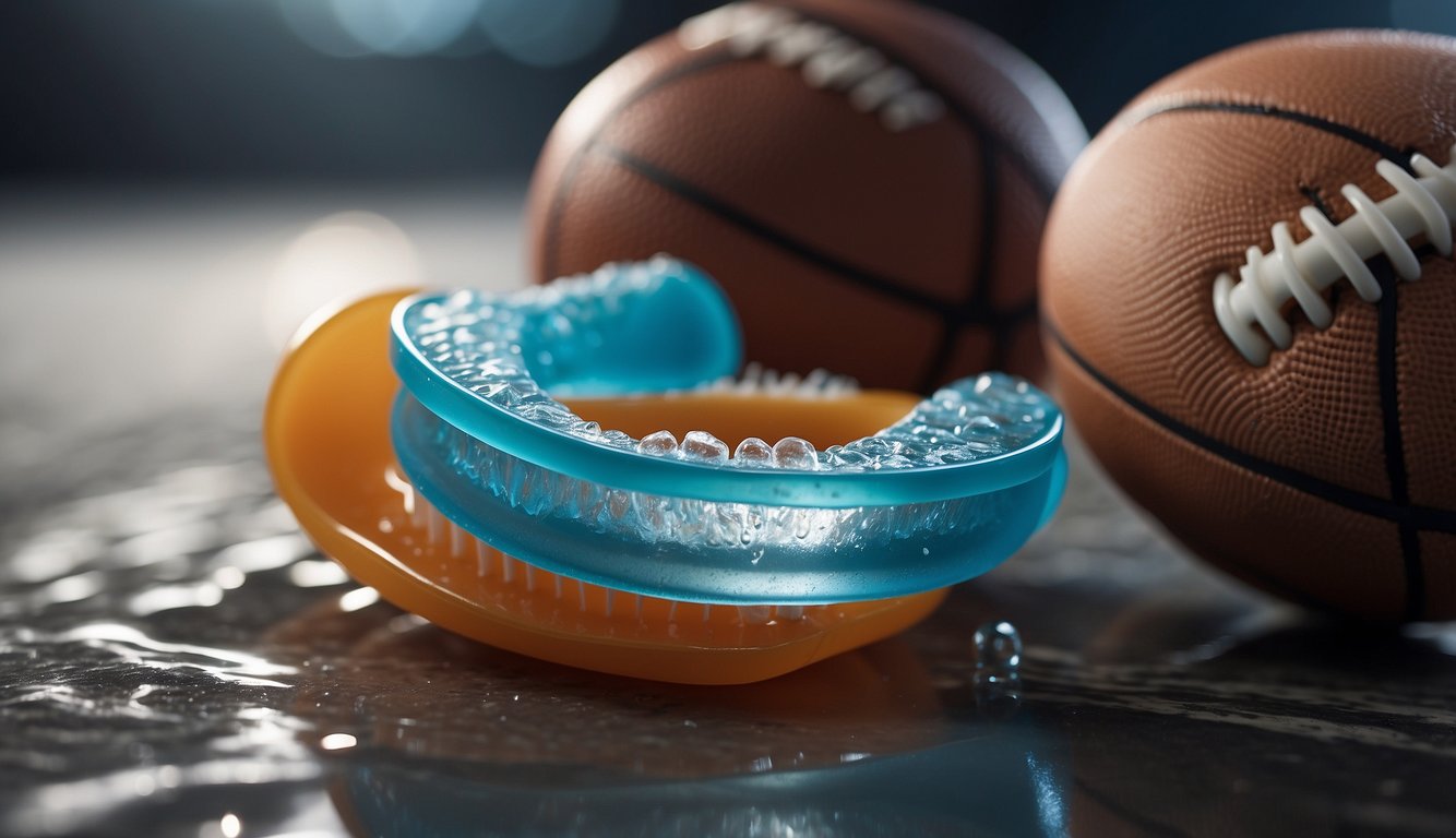 A sports mouth guard is being scrubbed with a toothbrush and soapy water, then rinsed and left to air dry on a clean towel