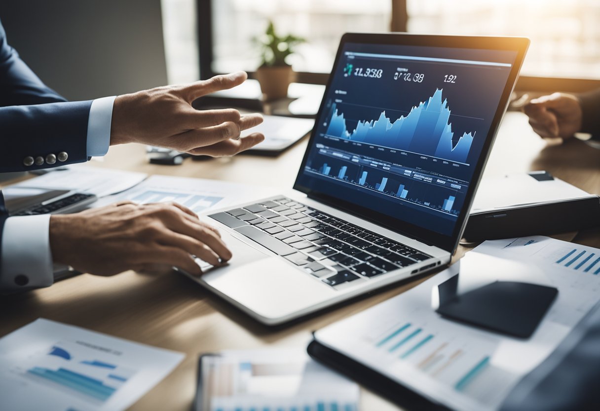 A professional financial consultant providing guidance and advice to a client, surrounded by charts, graphs, and financial documents