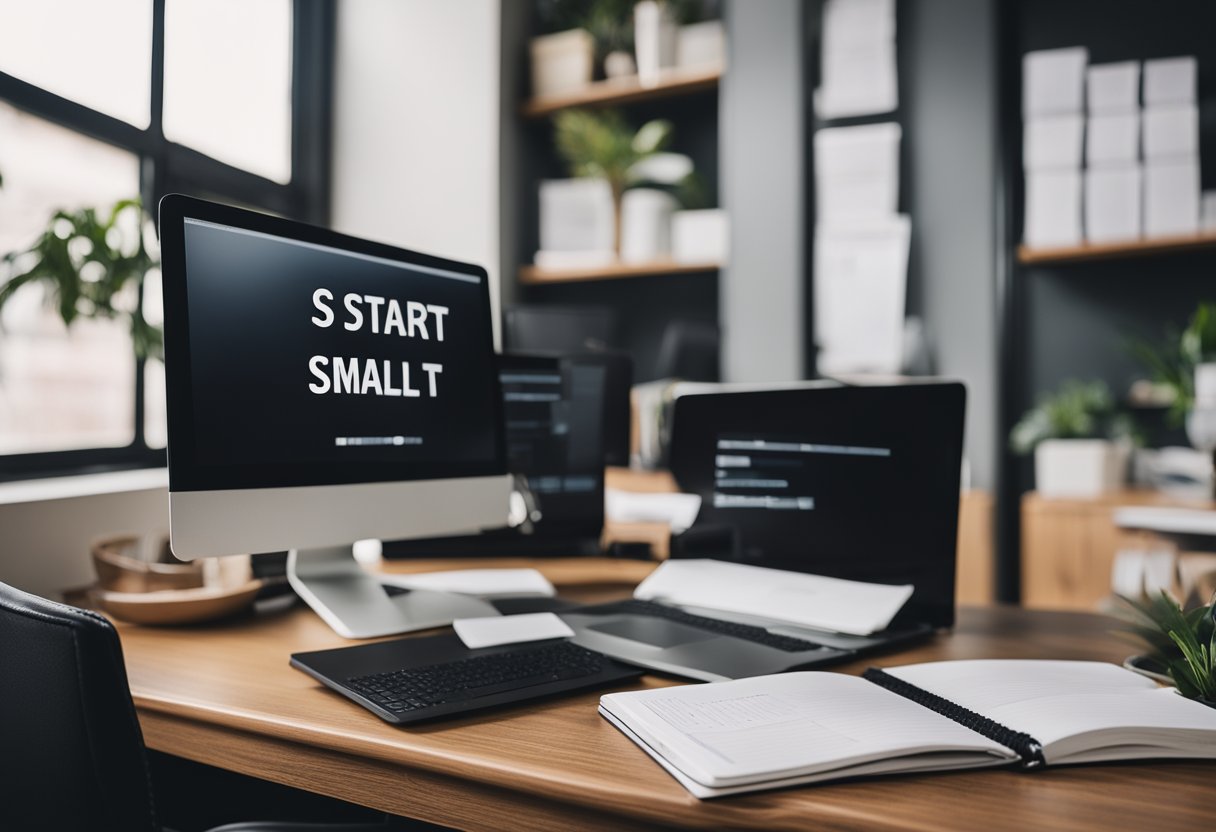 A small office space with a laptop, desk, and chair. A stack of books on entrepreneurship and a notepad with a budget plan. A sign on the wall reads "Start Small, Dream Big."