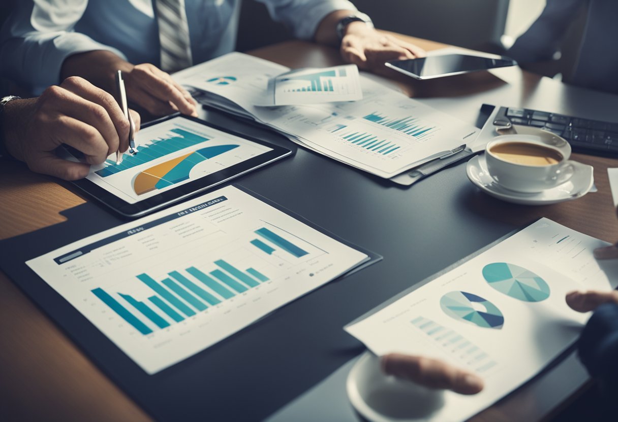 A professional financial consultant providing guidance to a client, with charts and graphs displayed on a desk