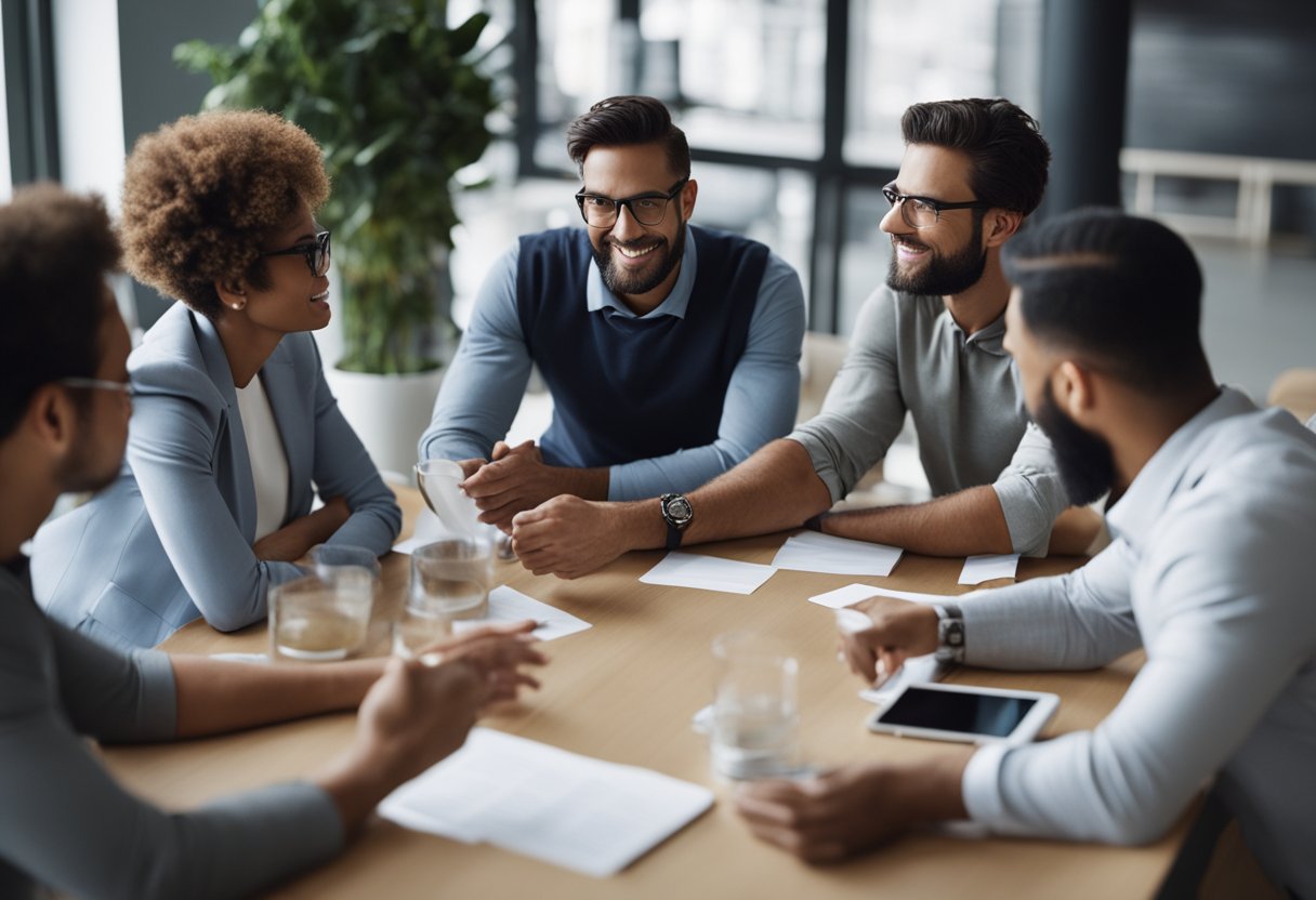 A group of people brainstorming and strategizing, with a target audience in mind. A person starting a business with limited resources