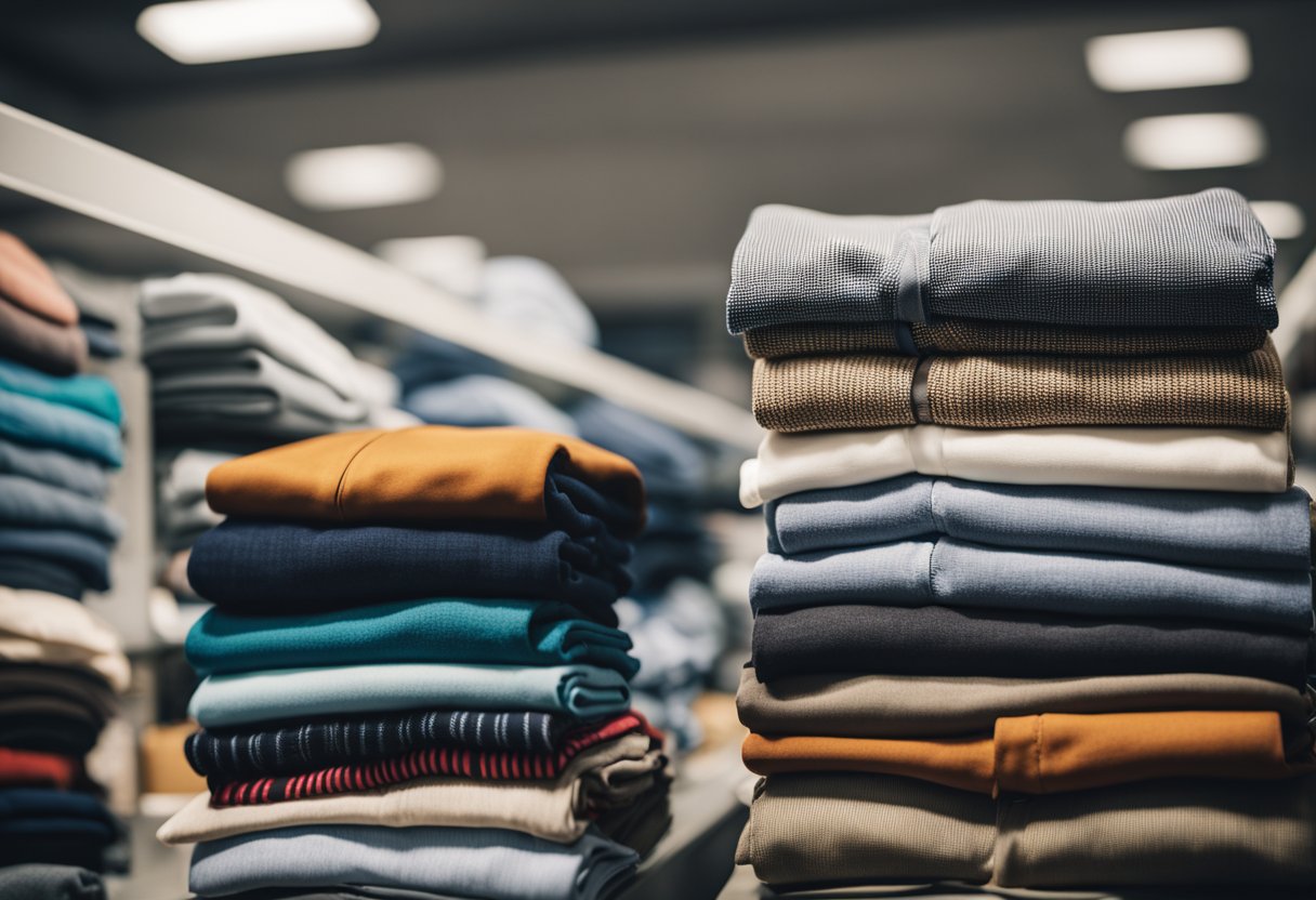 A stack of neatly folded clothes sits on a shelf, with a price tag attached. A sign above reads "Maximizing Your Profits - Sell Your Clothes Here."