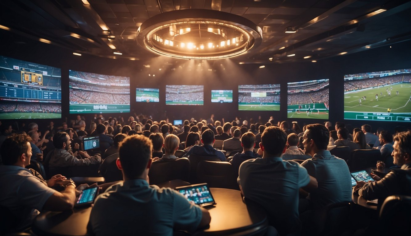 A sportsbook with various bet types displayed on a screen, surrounded by enthusiastic fans watching the game