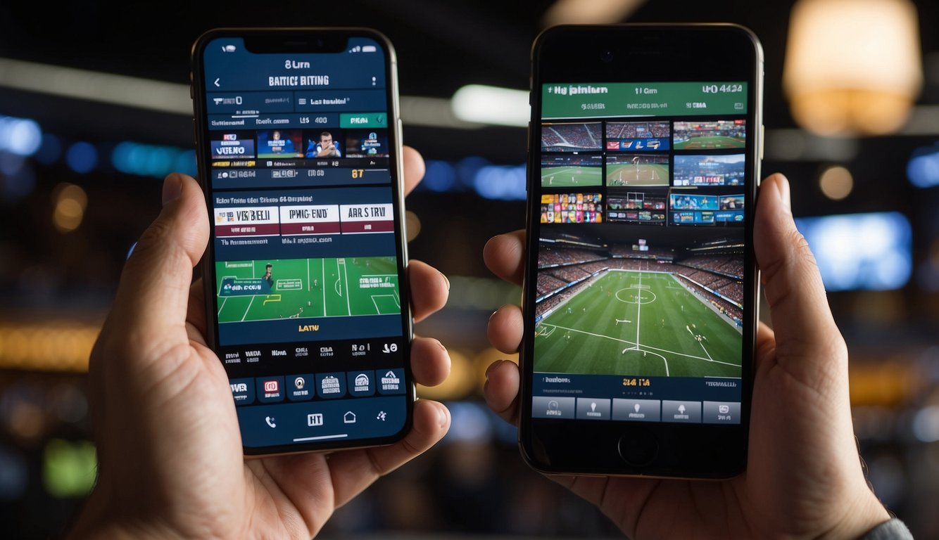 A person using a smartphone to access a sports betting website, with various online and mobile platforms displayed in the background