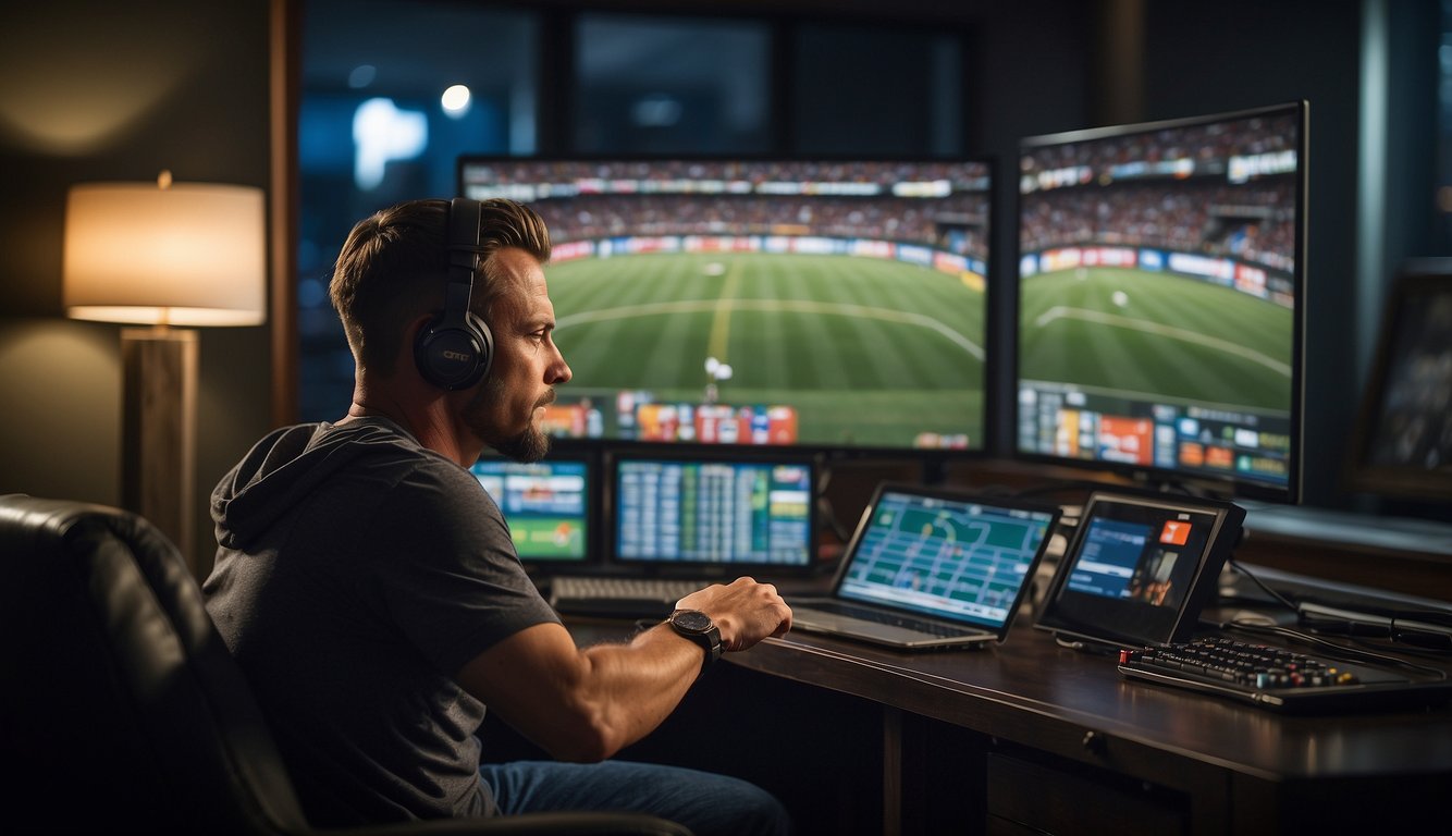 A sports bettor in Georgia studies stats and odds, places bets online, and watches games on TV