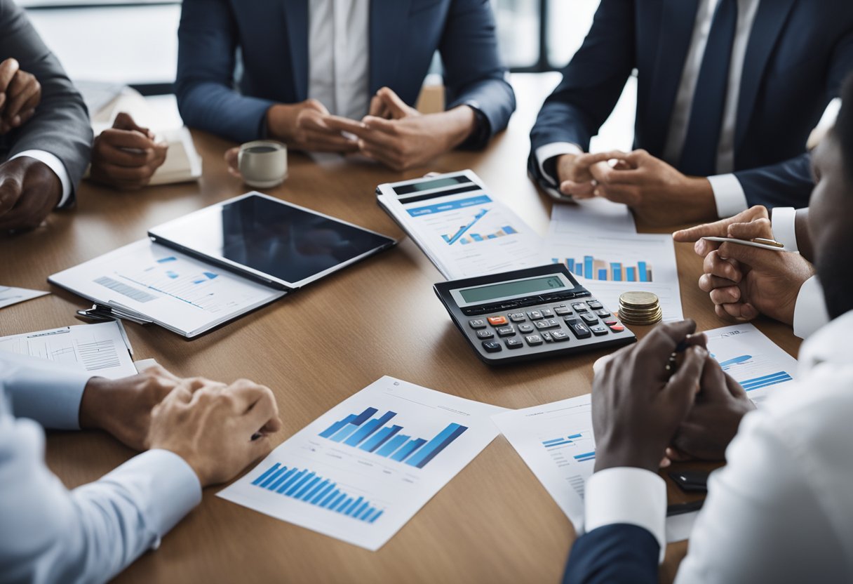 A group of diverse investors strategizing around a table, with charts and graphs showing potential tax incentives for investments