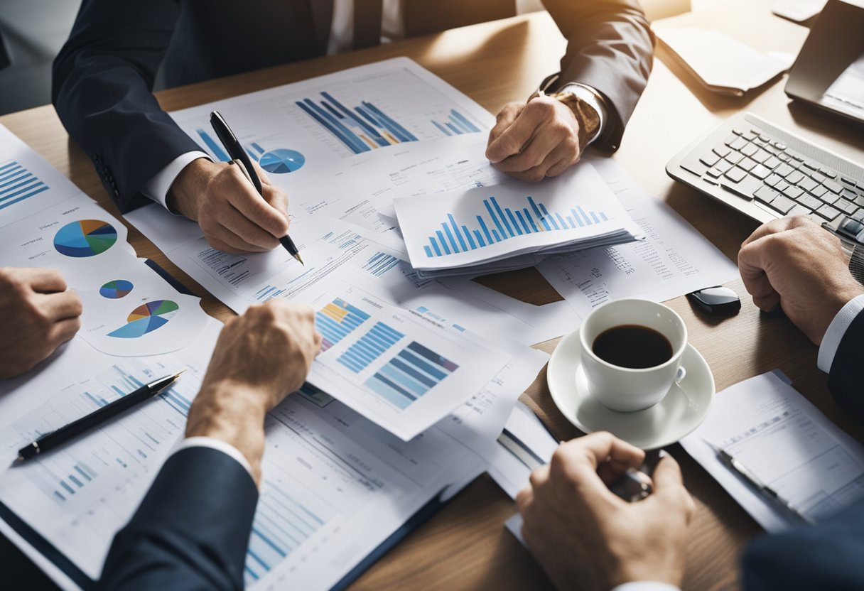 A group of investors studying tax incentives for investments, with charts and financial documents on a table