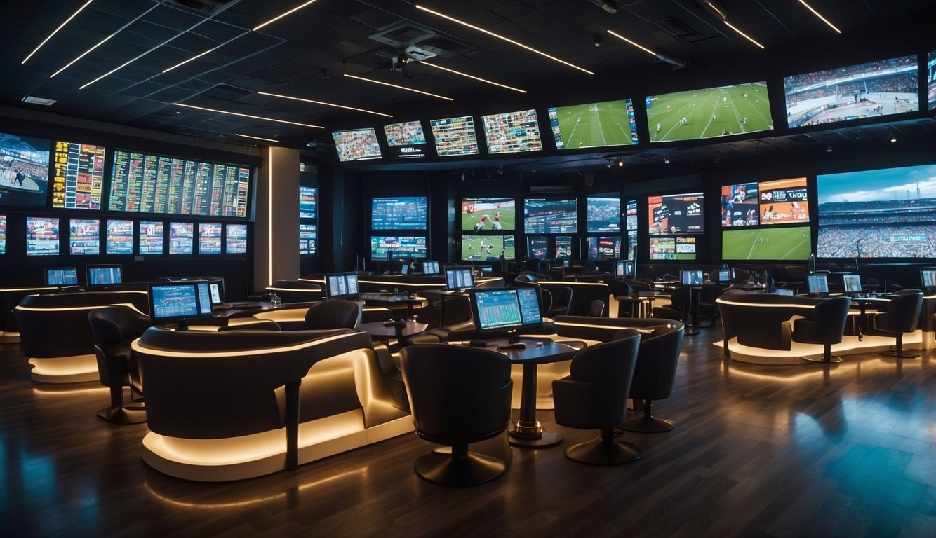 A futuristic sportsbook in Georgia with digital screens and interactive kiosks for placing bets. Bright lights and sleek design create a high-tech atmosphere