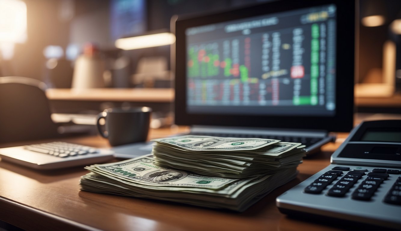 A stack of cash sits next to a computer screen displaying sports odds and statistics. A calculator and notepad with calculations are nearby