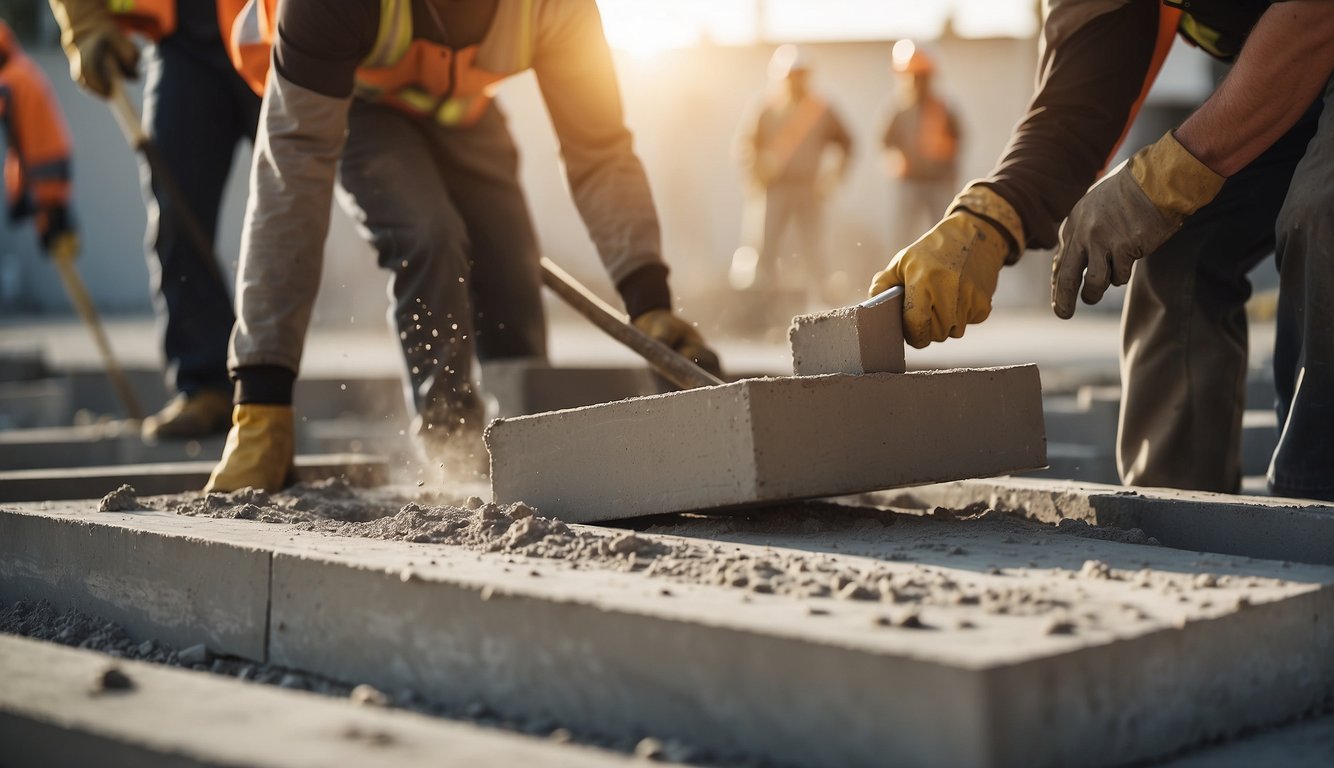 A group of construction workers pouring concrete for a sturdy foundation on a sunny day