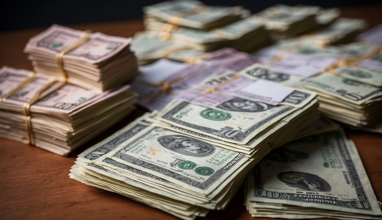 A stack of betting slips and a pile of cash, alongside a chart showing fluctuating odds and statistics