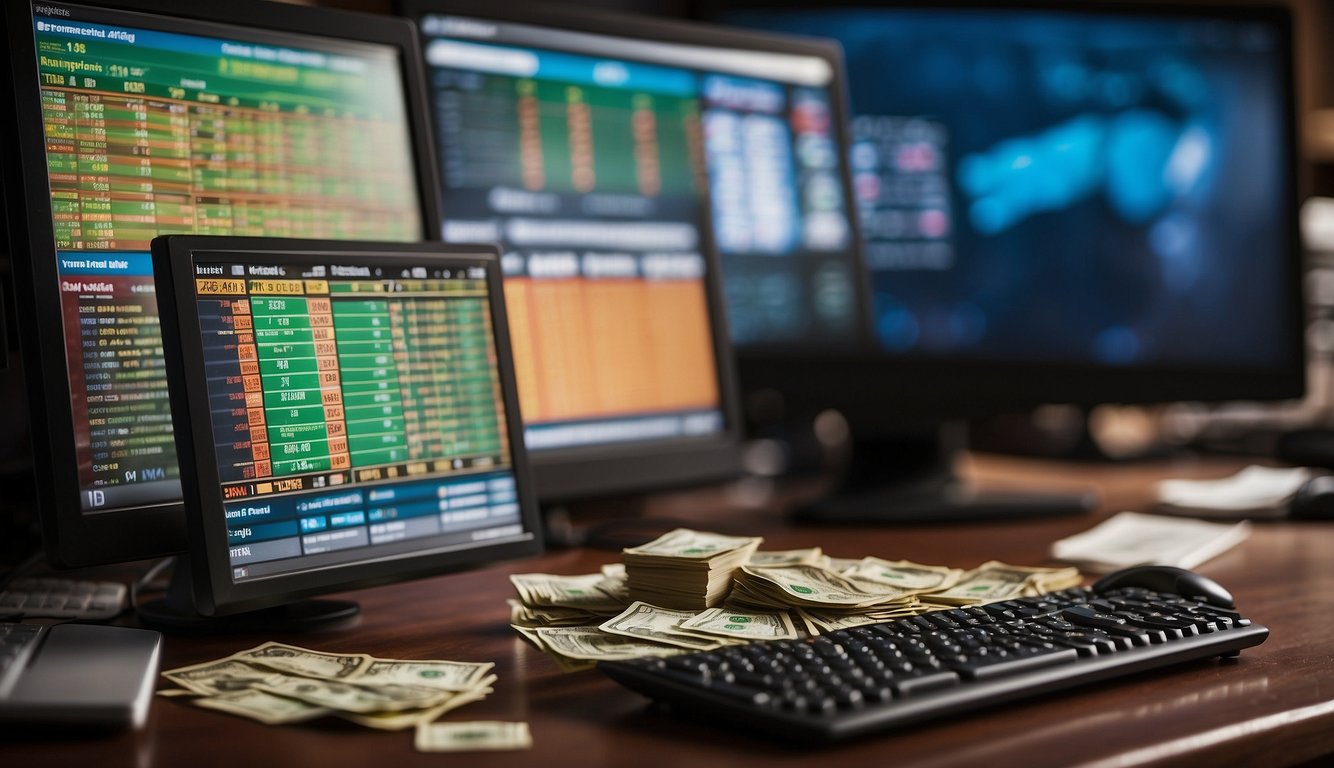 A stack of cash and a pile of winning betting tickets sit next to a computer screen displaying sports statistics and odds