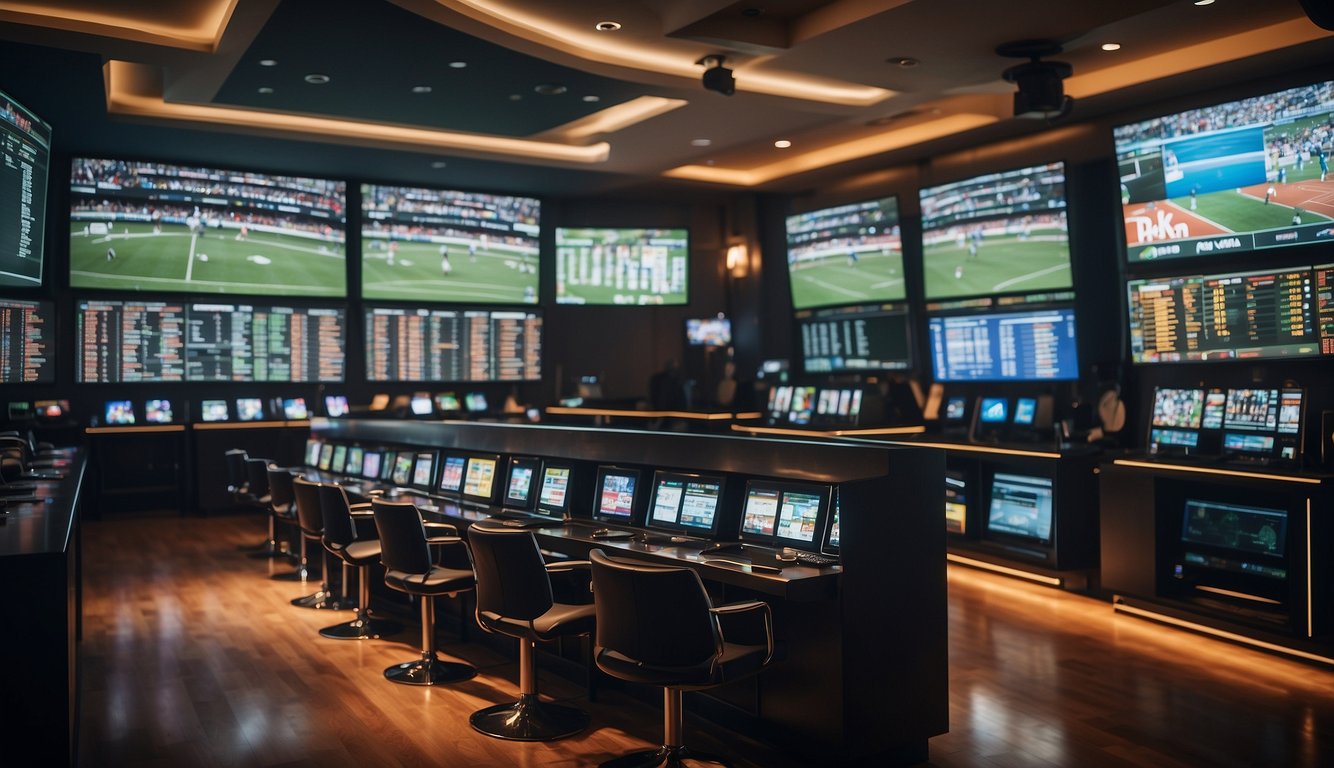 A digital betting landscape with sports icons and fluctuating odds displayed on screens