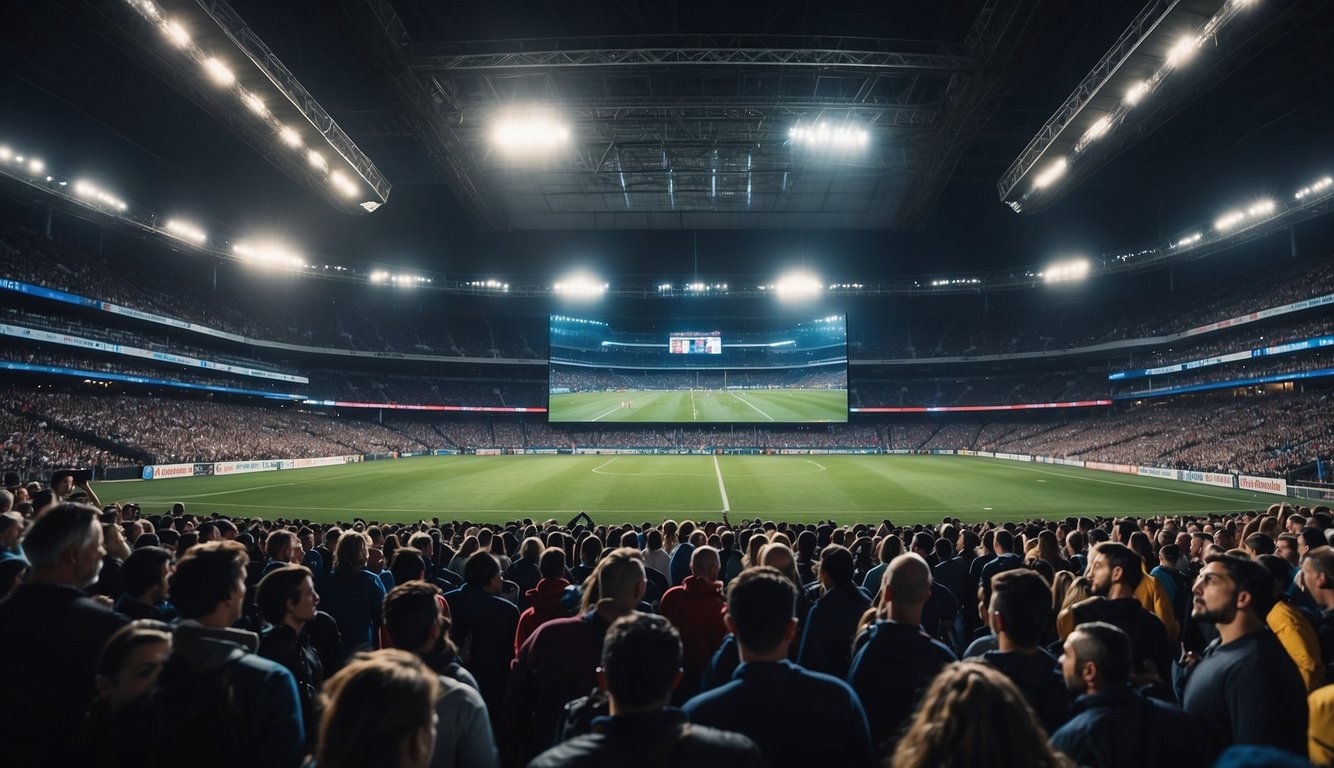 A crowded sports stadium with cheering fans, flashing lights, and a giant screen displaying odds and statistics. Surrounding the stadium are bustling betting shops and online platforms