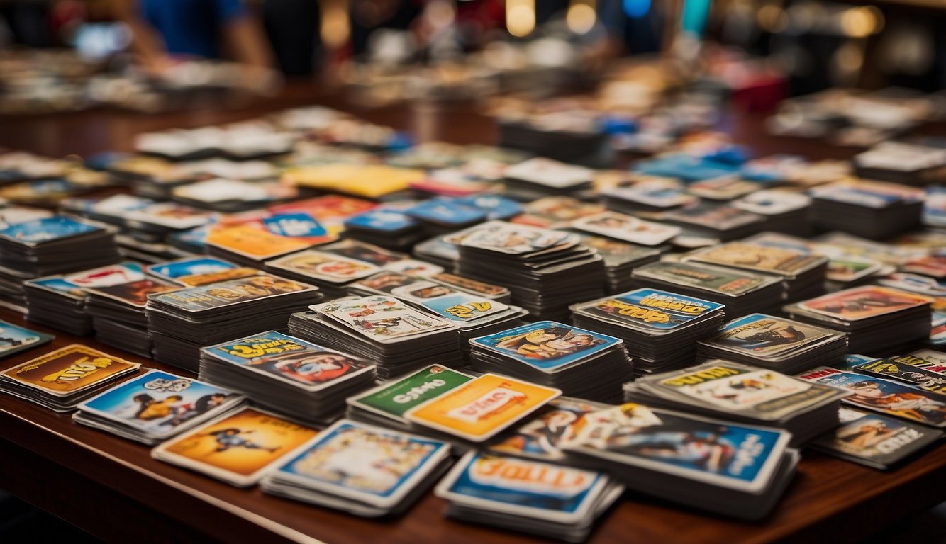 A table with a variety of sports cards neatly displayed. A sign reads "Sports Cards for Sale" while customers browse and make purchases