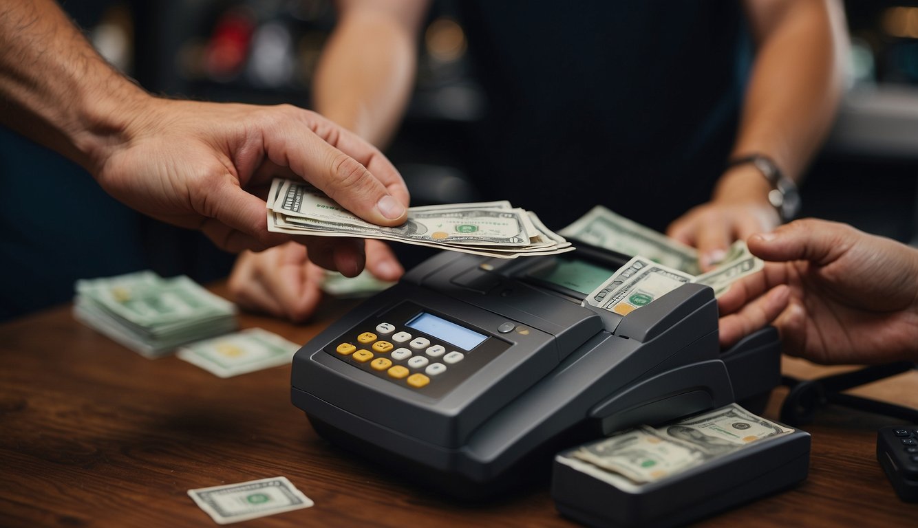 A hand places a stack of sports cards on a table next to a cash register. A customer hands over money while a seller smiles