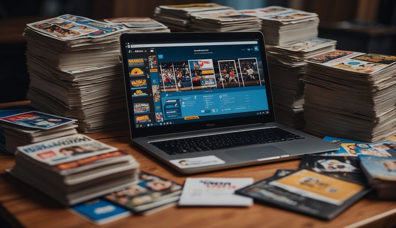 A table covered in sports cards, a laptop open to a sales platform, and a stack of shipping boxes ready to be filled