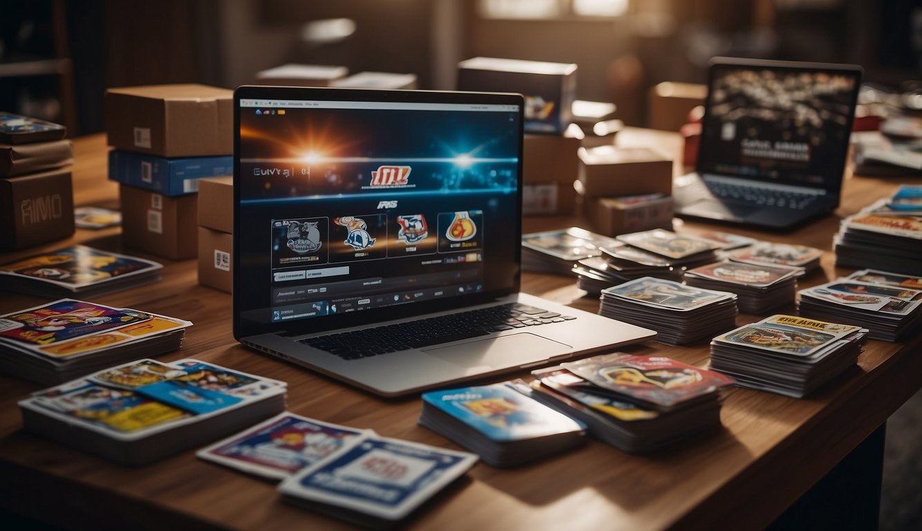 A table displaying various sports cards, with a laptop open to a website for selling cards. A stack of shipping boxes and packaging materials nearby