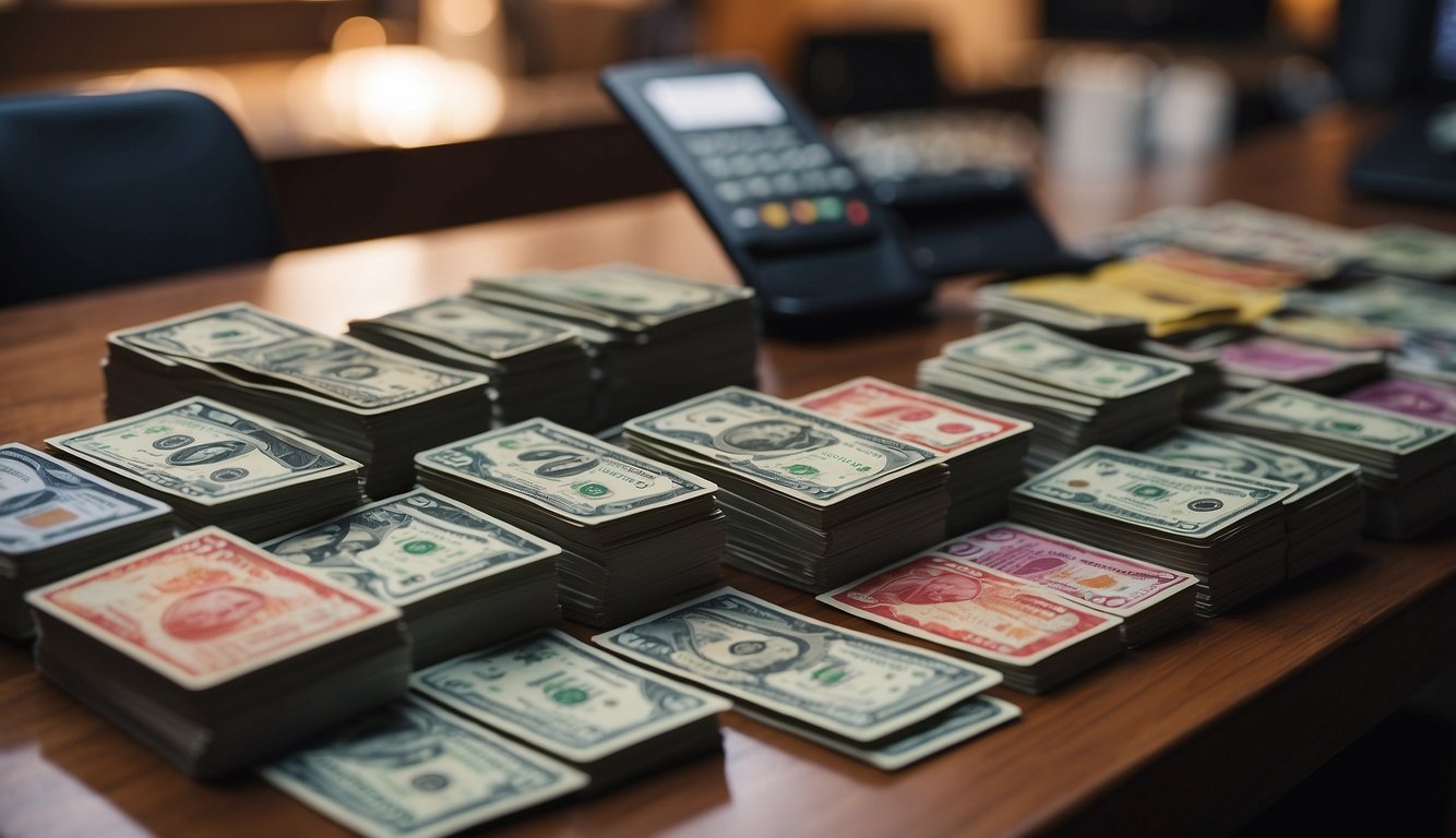 A table filled with neatly organized sports cards, a computer displaying market trends, and a stack of cash symbolizing profits