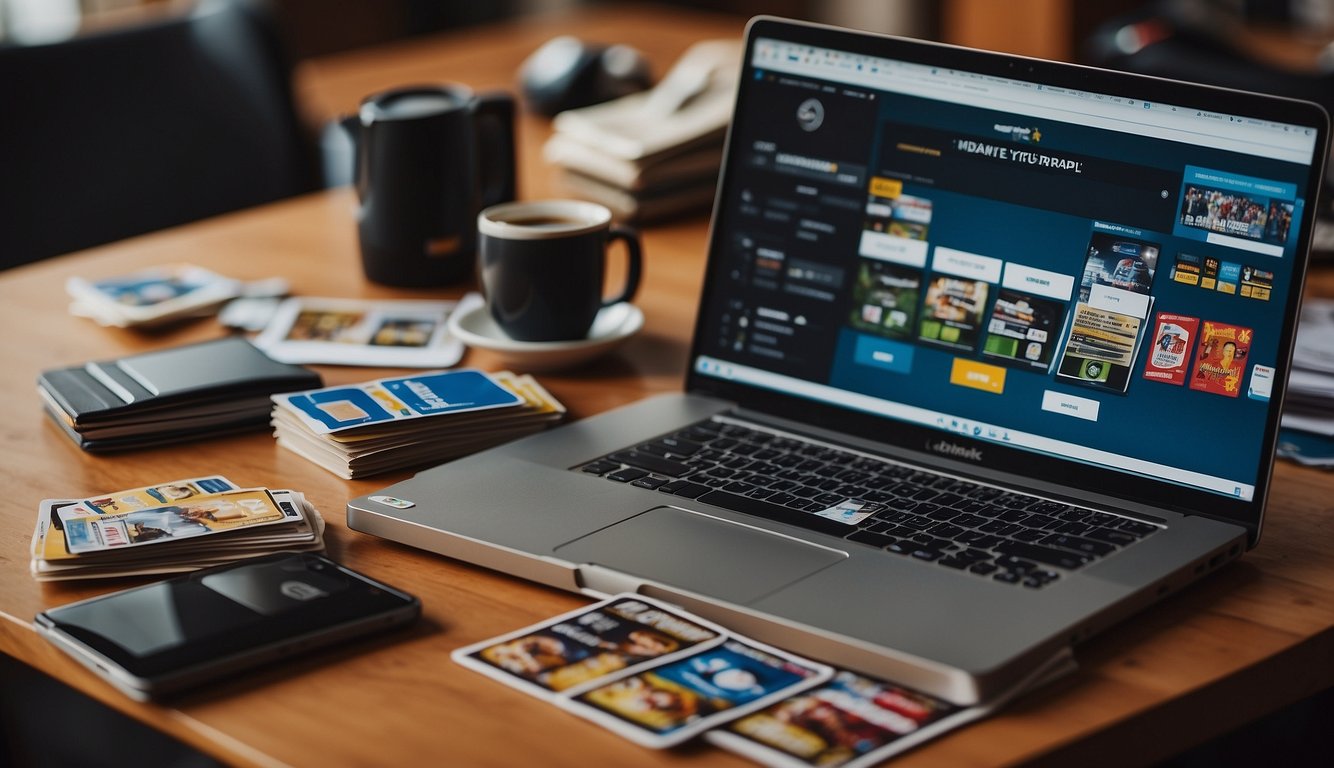 A table with neatly organized sports cards, a laptop open to an online marketplace, and a stack of shipping supplies ready to be used