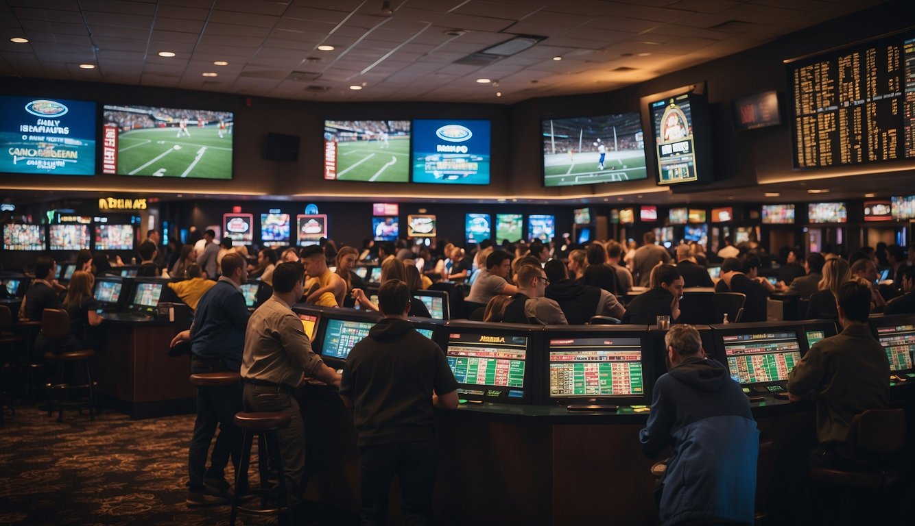 A bustling sportsbook with young adults eagerly placing bets, while signs prominently display "Under 21 Betting Allowed" and "Legal Sports Betting for All Ages."