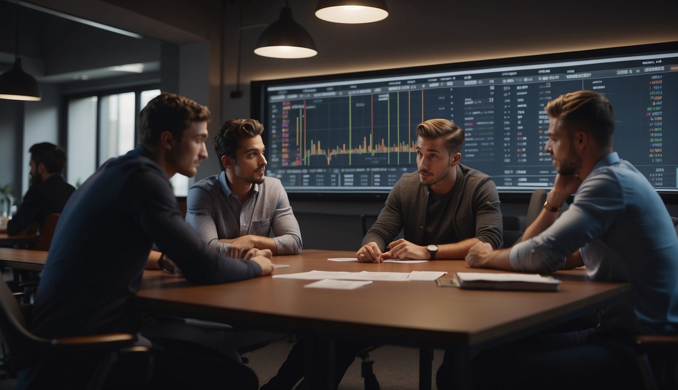 A group of young people eagerly huddle around a table, studying sports statistics and discussing betting strategies. A whiteboard behind them displays various odds and betting options