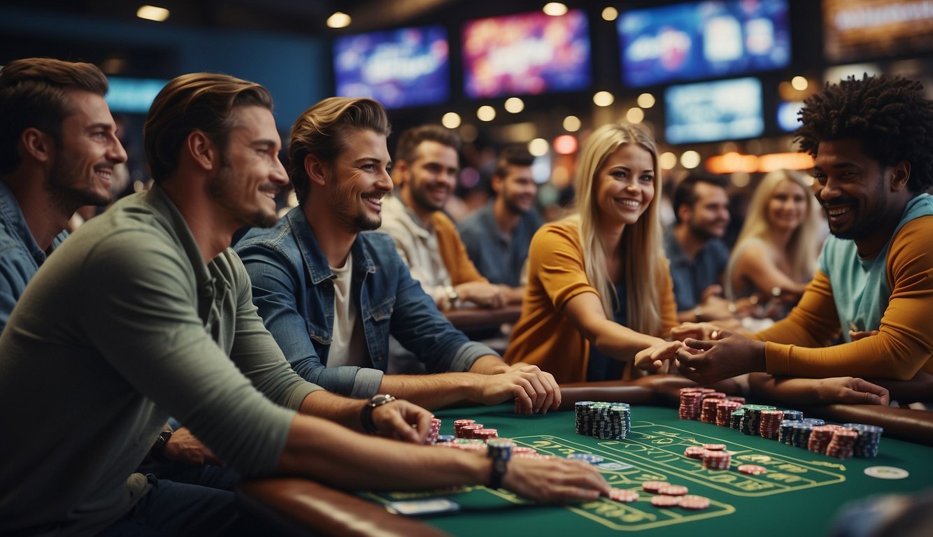 A diverse group of sports fans, including young adults, eagerly placing bets on various sports events at a bustling betting market