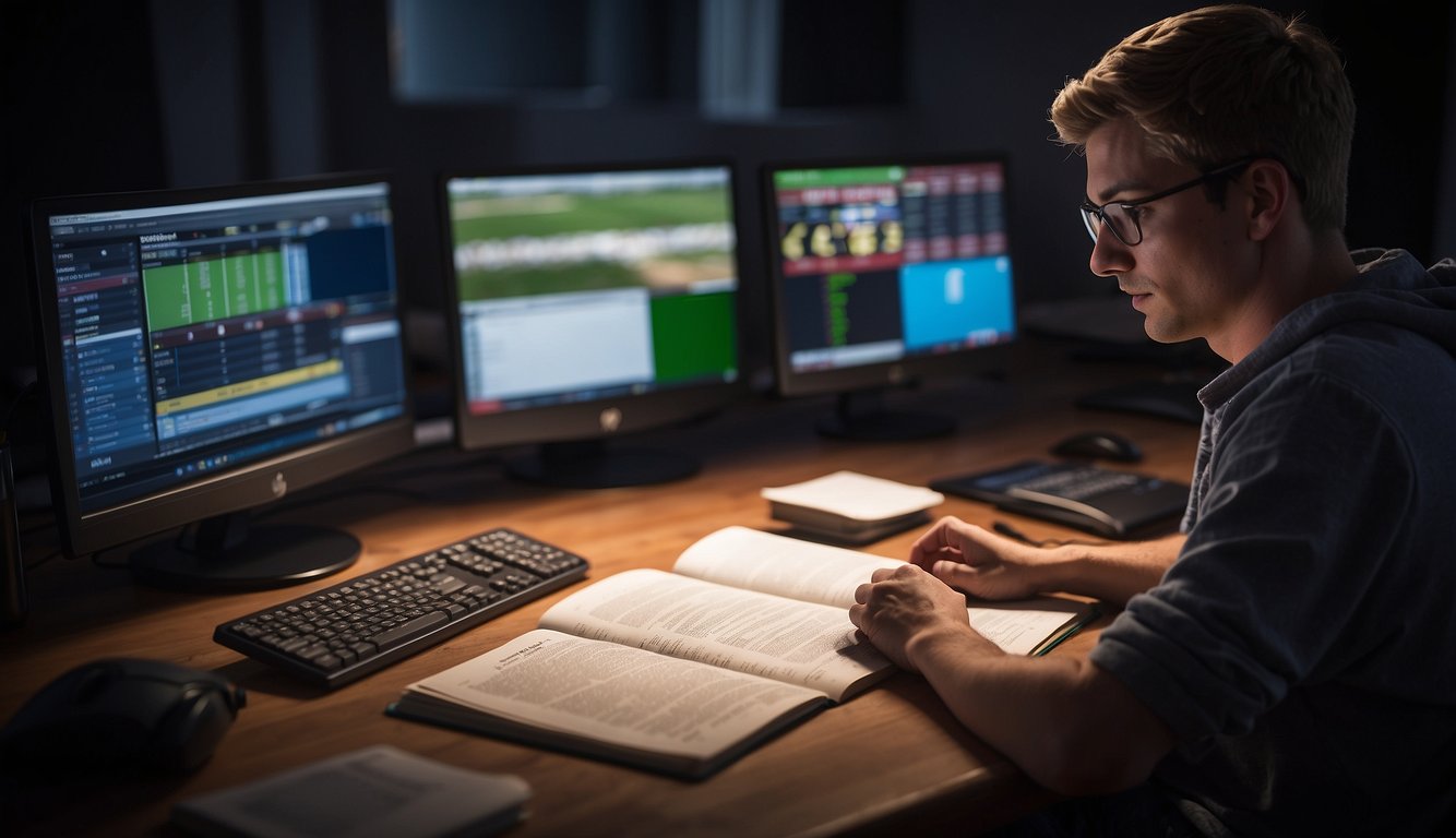 A person under 21 studying responsible sports betting practices, with a book open to a page on betting tips and a computer showing odds and statistics