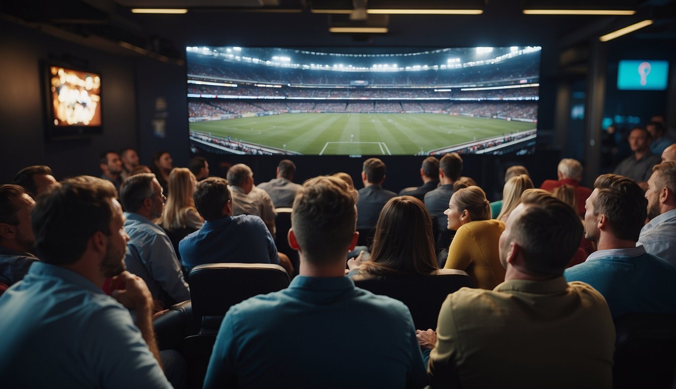 A group of people excitedly watching a sports game on a big screen, some cheering and others looking tense. A bookmaker's booth nearby with a line of people placing bets