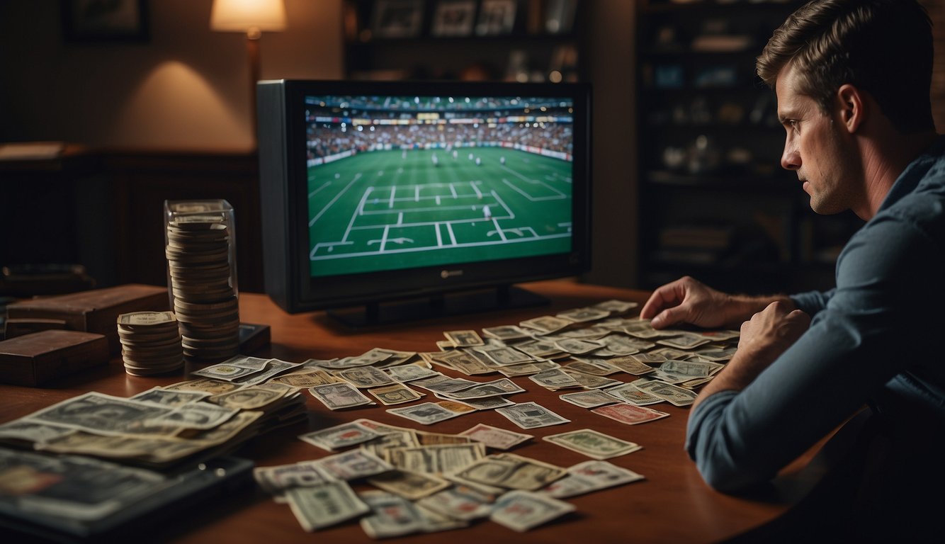 A person looking dejected while holding a losing betting ticket, surrounded by sports memorabilia and a TV showing a game