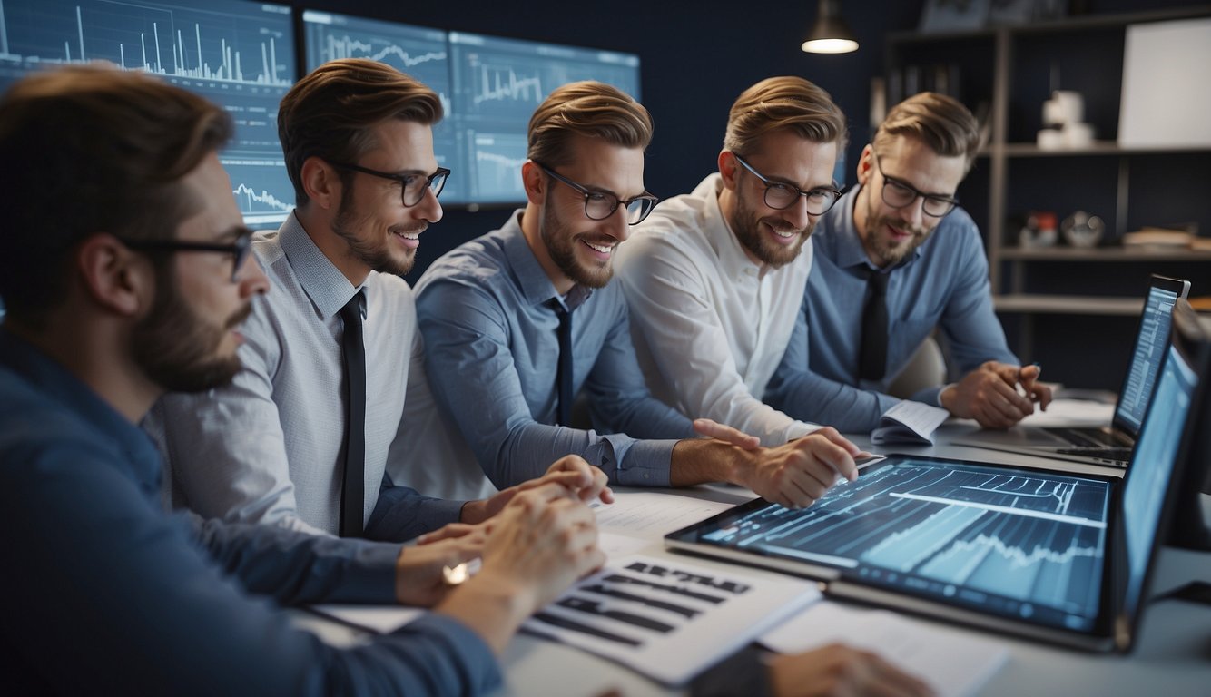 A group of people studying statistics and analyzing sports data, surrounded by charts and graphs, with a mix of excitement and tension in the air