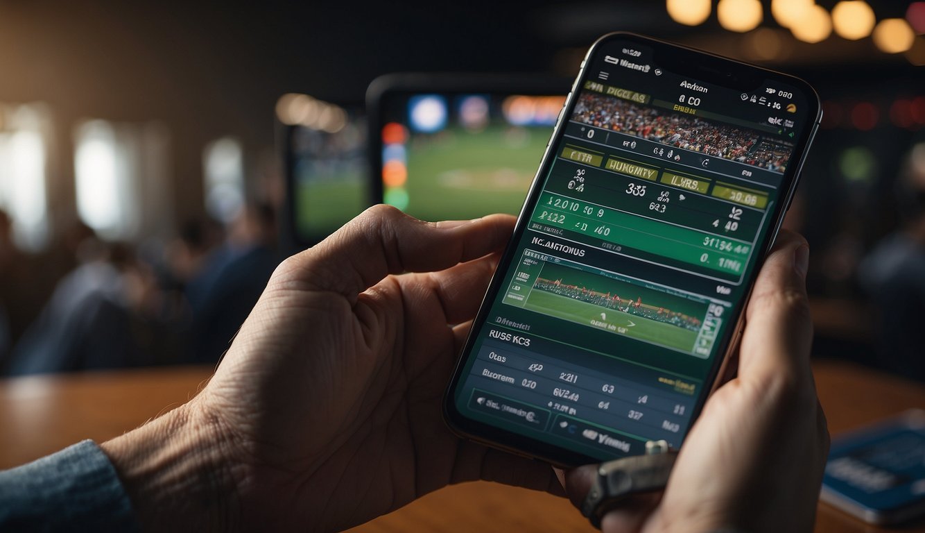 A person placing a bet on a sports game using a smartphone app, with odds and statistics displayed on the screen