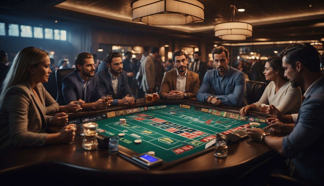 A group of people weighing the pros and cons of sports betting, surrounded by ethical and social considerations