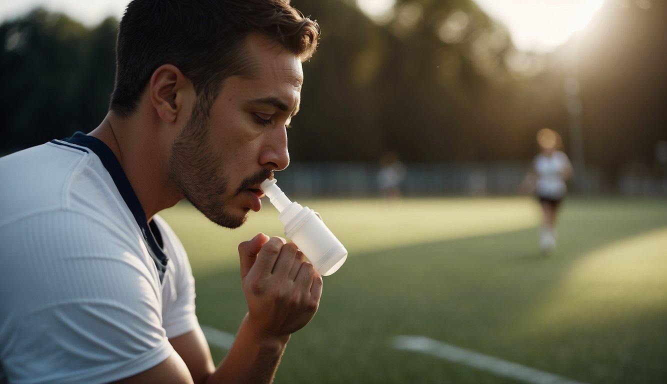 A person with asthma playing sports, using an inhaler