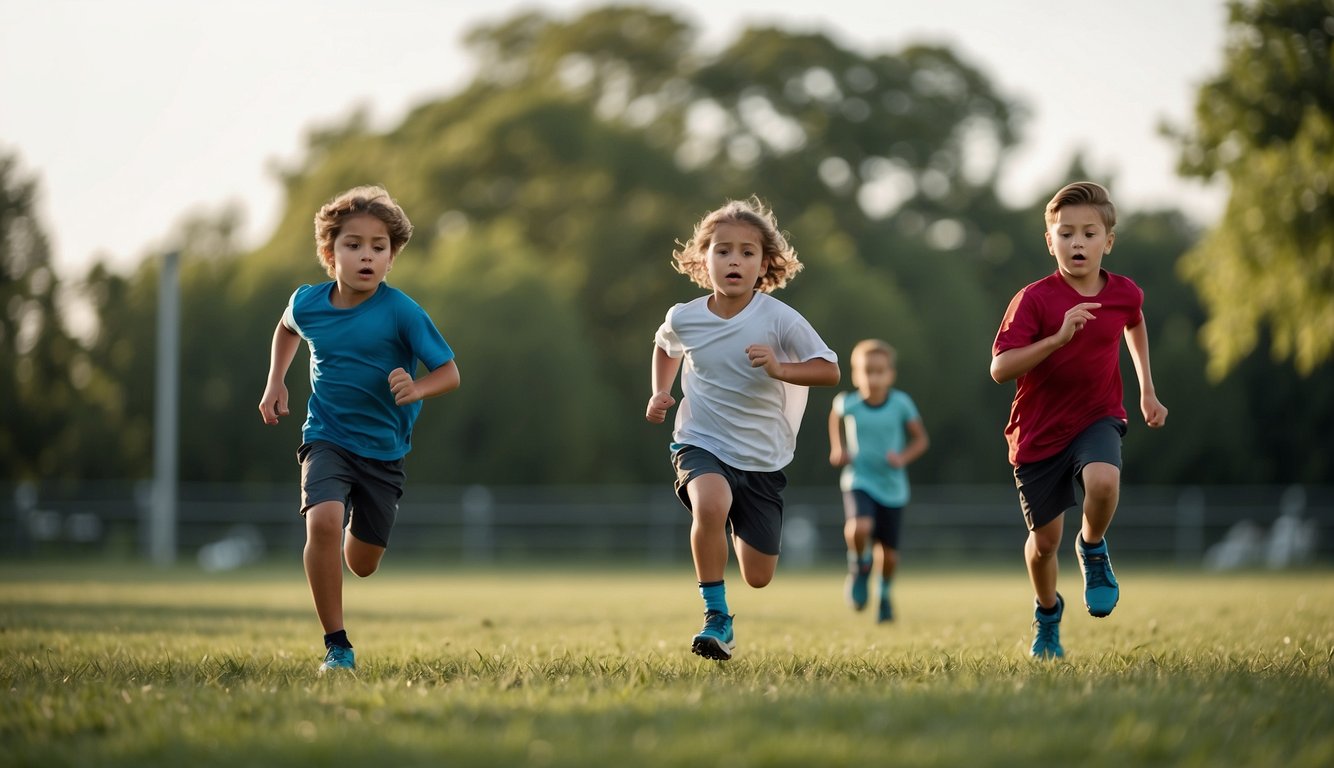 A group of children playing sports outside, one child with an inhaler in their pocket. The others are running and playing while the child with asthma watches, feeling left out