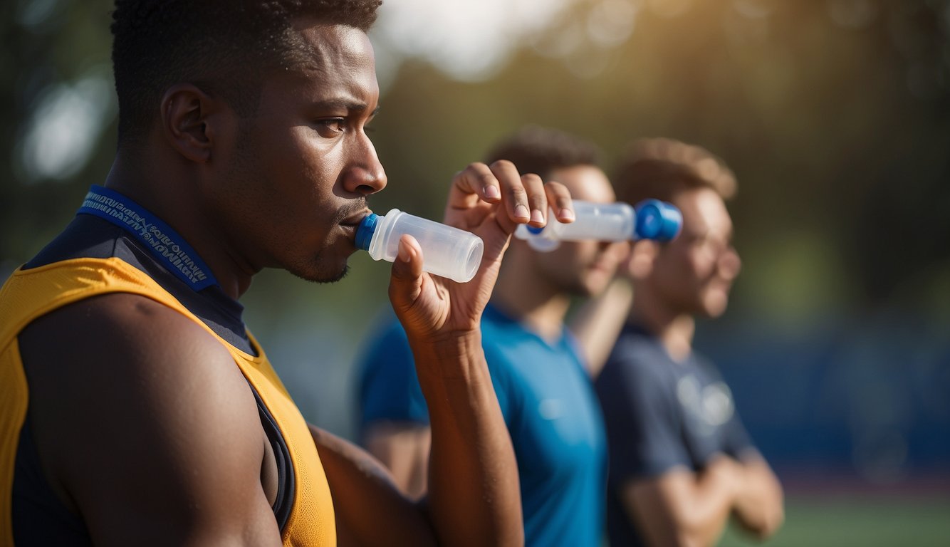 A person with asthma is preparing to play sports, using an inhaler and stretching