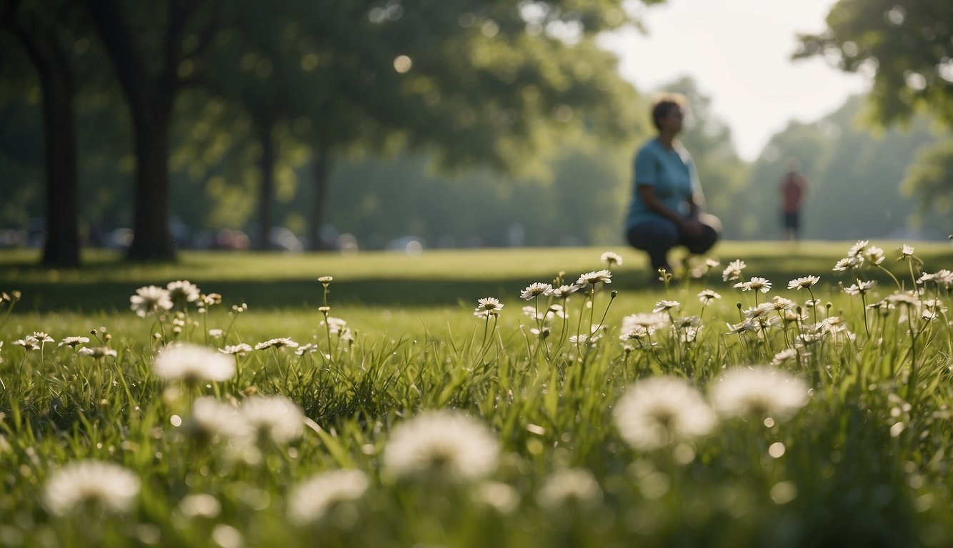 A park with grass, trees, and flowers. A person with asthma watches others play sports. Dust, pollen, and air pollution float in the air