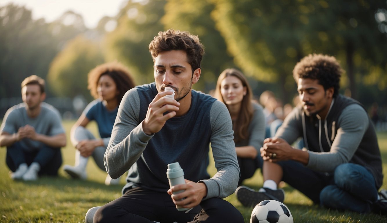 A person with asthma plays soccer with a group of friends in a park, taking breaks to use their inhaler