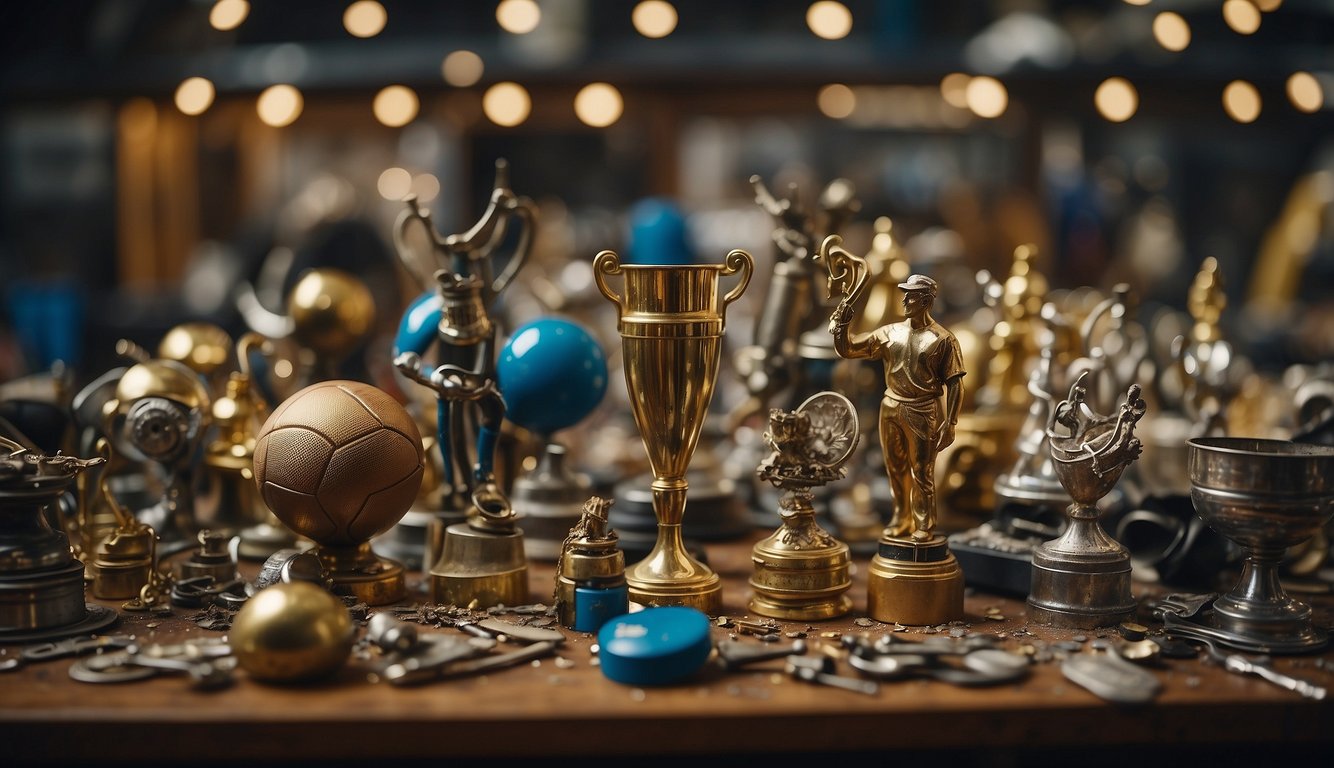 Old sports trophies being recycled into new art. A table scattered with trophies, tools, and paint. An artist repurposing them into a unique sculpture