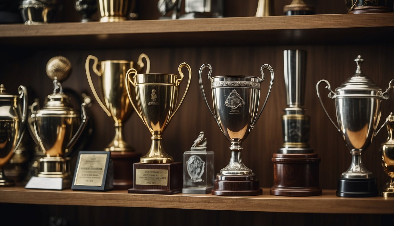 A shelf displaying various old sports trophies, some dusty and tarnished, others polished and gleaming. A recycling bin nearby, hinting at the dilemma of what to do with these once prized possessions