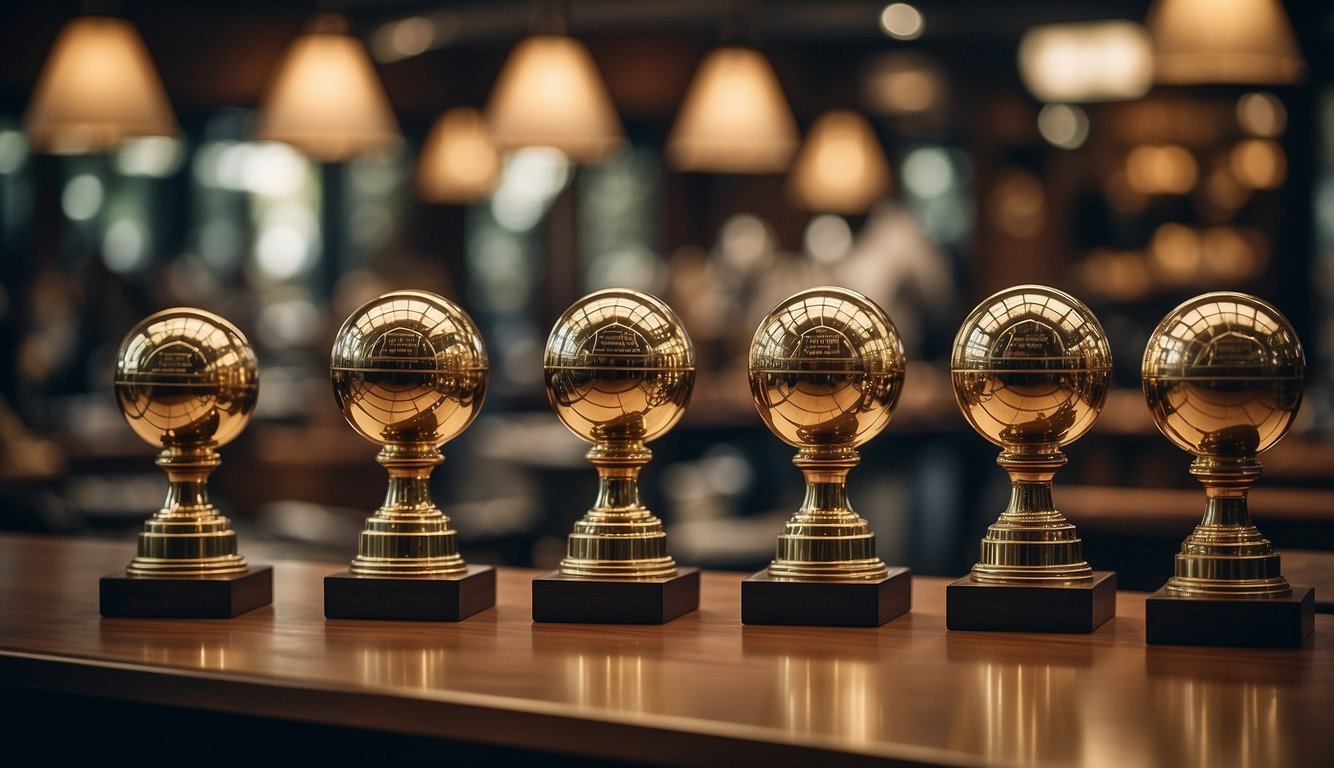 A table displays old sports trophies. A person exchanges them for rewards at a counter