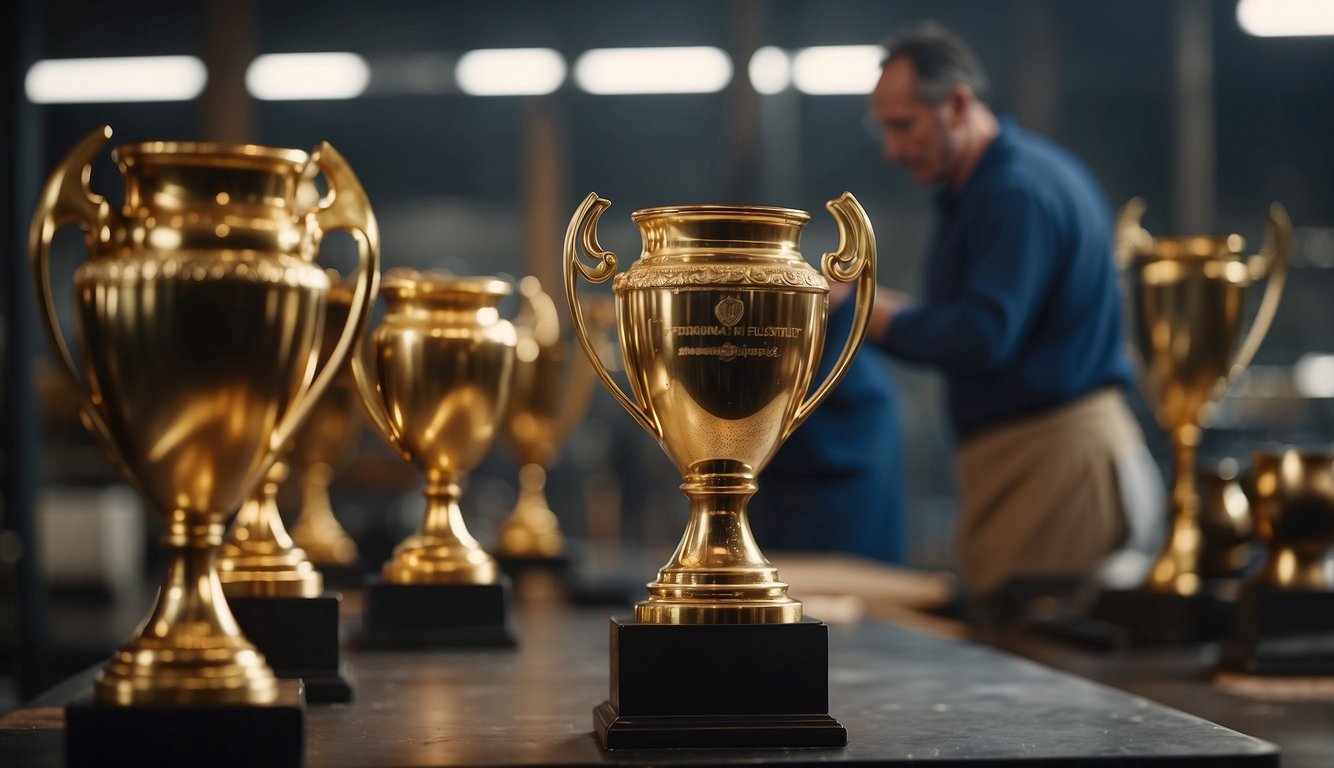 Old sports trophies being melted down and reshaped into new, modern designs. A workshop filled with glowing furnaces and skilled craftsmen crafting the transformed awards